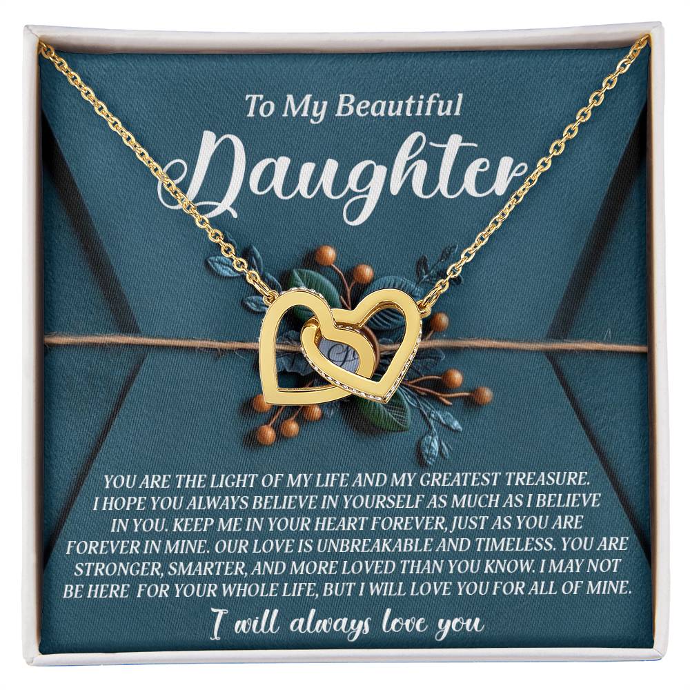 The Daughter-All Of Mine - Interlocking Hearts Necklace, featuring CZ crystals and a rose gold finish, is presented on a card that reads: "To My Beautiful Daughter" with a heartfelt message of love and admiration against a floral background.