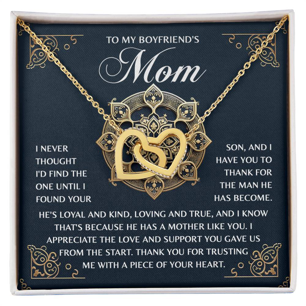 The Mom-Thankful Heart - Interlocking Hearts Necklace is adorned with cubic zirconia crystals, has an 18k yellow gold finish, and comes on a card expressing gratitude to a boyfriend's mom for her love and support.