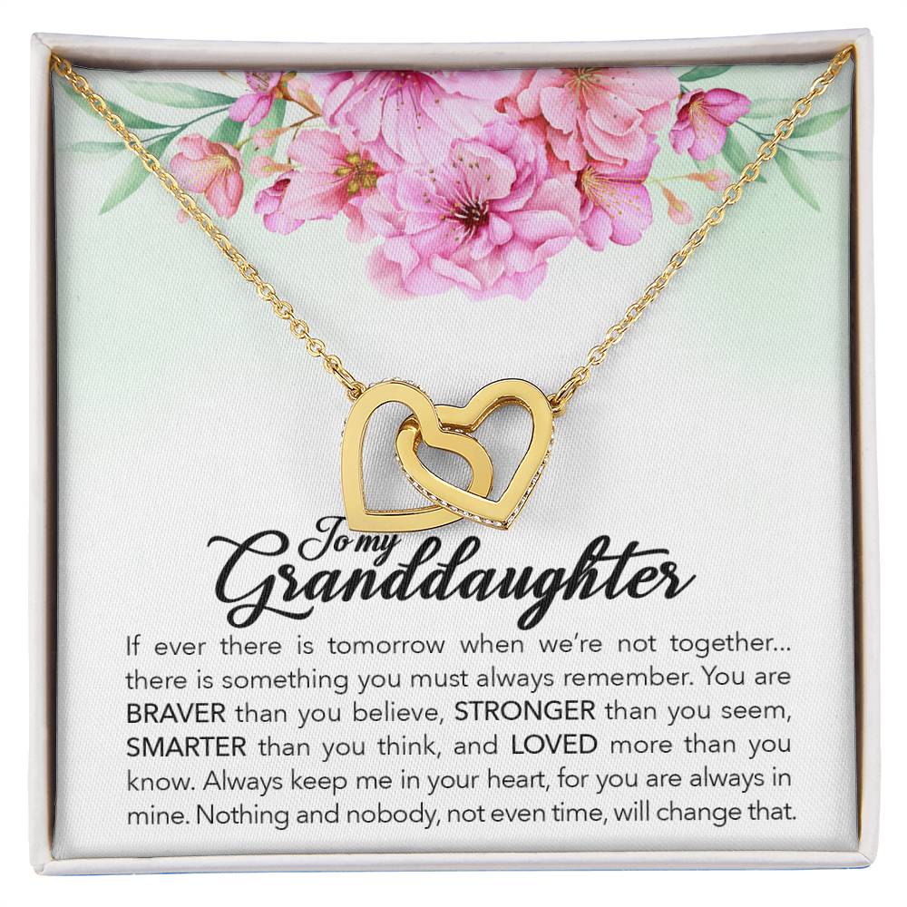 A ShineOn Fulfillment necklace with interlocking hearts pendants presented on a card with a loving message for a granddaughter.