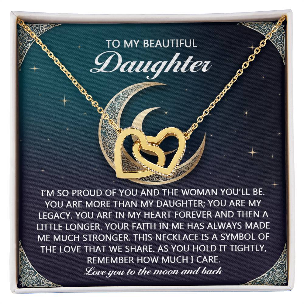 The Daughter-Hold It Tightly Interlocking Hearts Necklace shines with a rose gold finish against a celestial backdrop. The message "To my beautiful daughter" conveys pride, love, and an unbreakable bond.