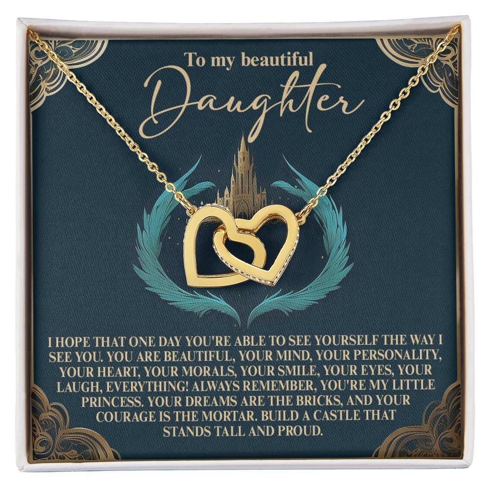 The Daughter-Little Princess Interlocking Hearts Necklace, featuring cubic zirconia and a rose gold finish, comes in a box with the message "To my beautiful daughter" and an inspiring note adorned with a castle and feather design.