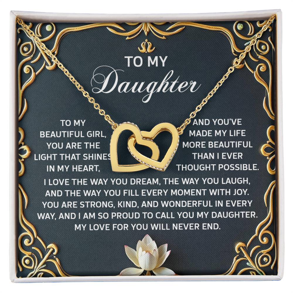 The Daughter-Never End Interlocking Hearts Necklace features surgical steel and rose gold finish with cubic zirconia crystals on a black card, showcasing a floral motif and an emotional dedication of pride and love to a daughter.
