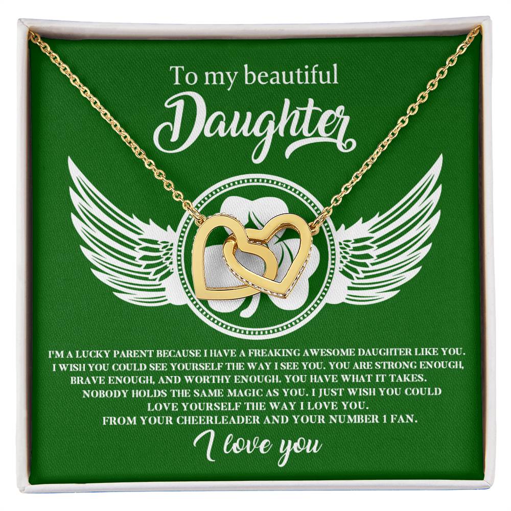To my beautiful daughter - showcasing love with a ShineOn Fulfillment interlocking hearts necklace, "To My Daughter, Lucky Parent".