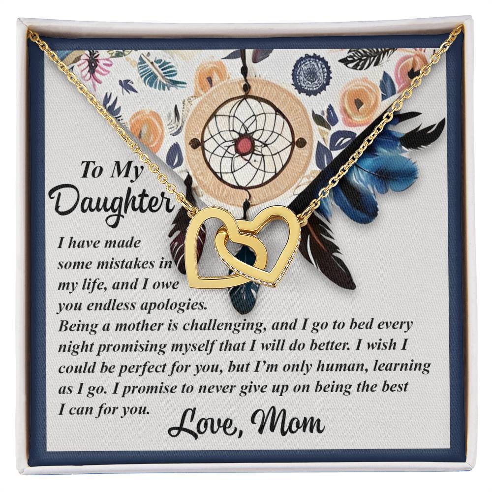 The Daughter-For You - Interlocking Hearts Necklace, with a rose gold finish, is beautifully presented on a floral-themed "To My Daughter" card featuring a touching message from a mother about learning and striving to be her best, making this piece exceptionally special.