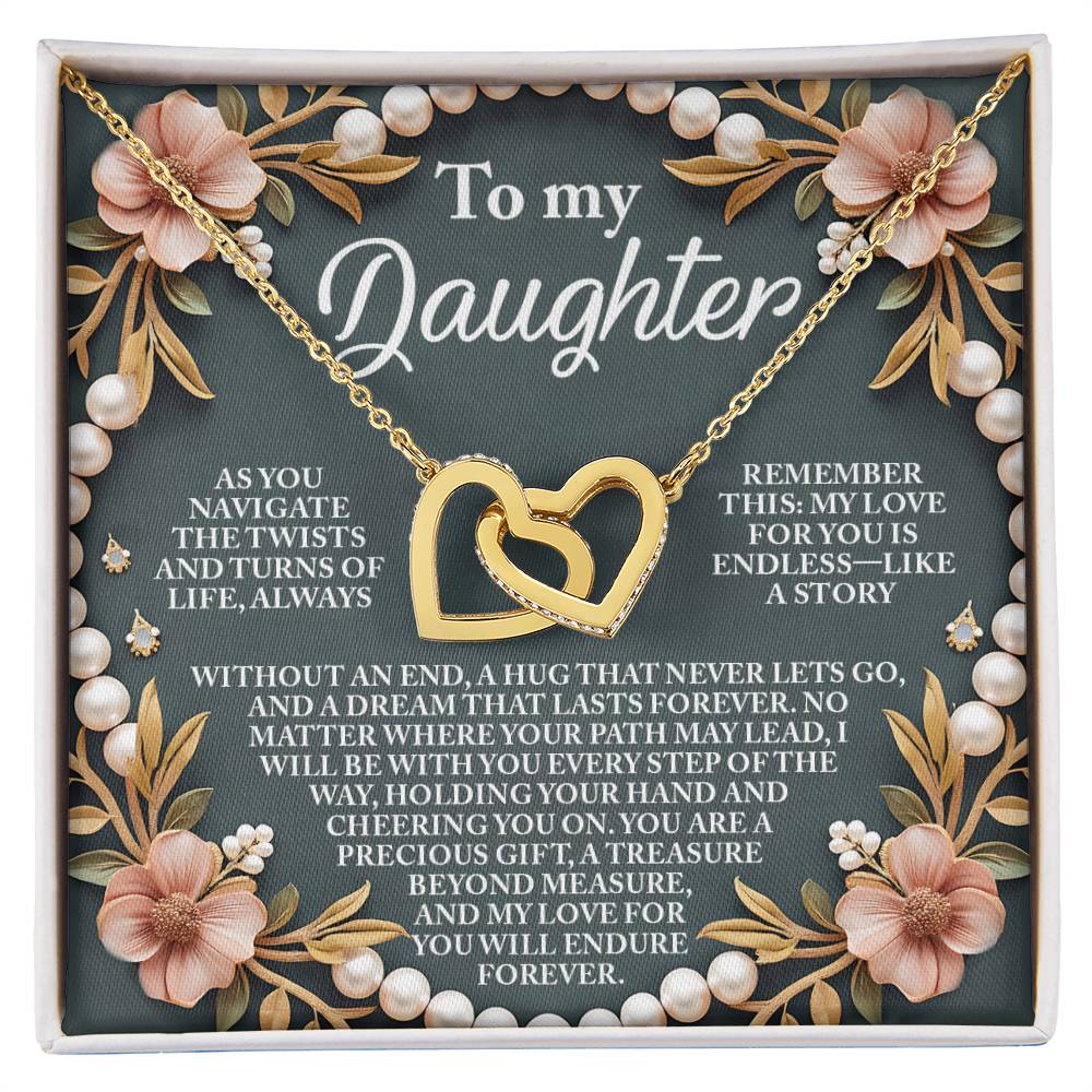 A heartfelt gift card paired with the Daughter-Endless Love Interlocking Hearts Necklace, featuring a rose gold finish and cubic zirconia crystals. It reads "To my Daughter" with messages of love, support, and eternal affection, decorated with pink flowers and pearls on a green background.