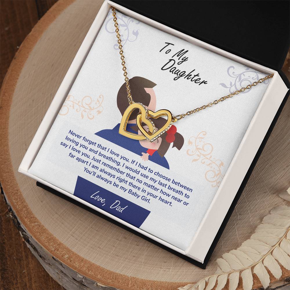 A ShineOn Fulfillment necklace with a "To My Daughter, You'll Always Be My Baby Girl" - Interlocking Hearts pendant in a gift box featuring a sentimental message from a father to a daughter.