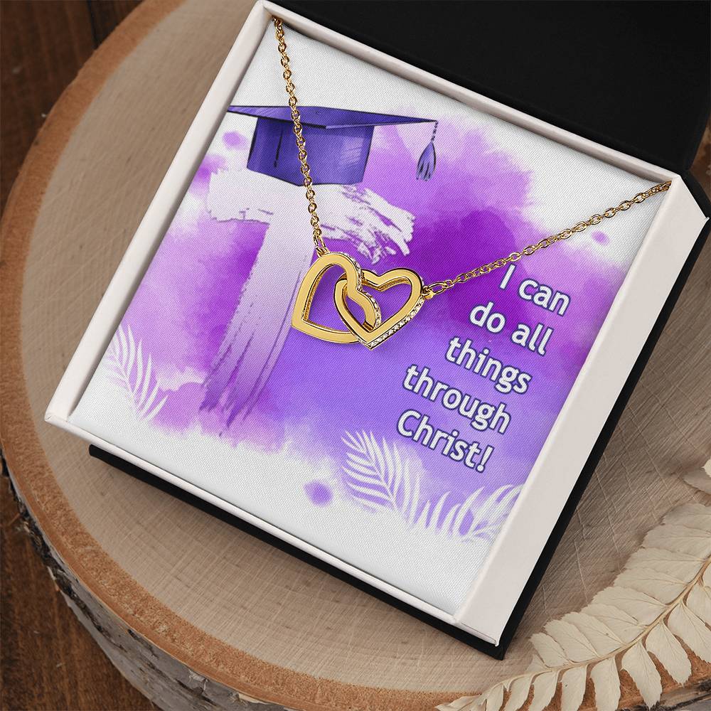 I can do all things through Christ" Interlocking Hearts Necklace by ShineOn Fulfillment, presented in a box with an inspirational religious quote.