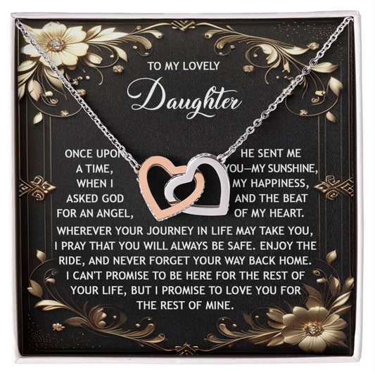 Delight your daughter with the "Daughter-Be Safe - Interlocking Hearts Necklace," featuring a rose gold finish. The card includes a touching message and floral corner designs, while sparkling cubic zirconia crystals add elegance to this meaningful gift.