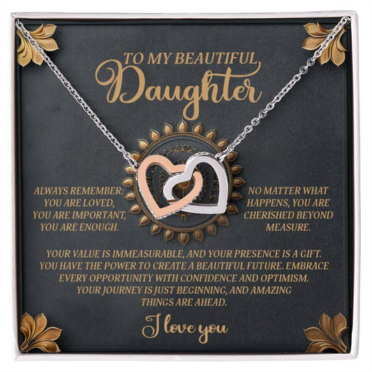 The Daughter-Beautiful Future - Interlocking Hearts Necklace features an 18k yellow gold finish, cubic zirconia crystals, and comes in a gift box inscribed with: "To my beautiful daughter, always remember: you are loved, you are important, you are enough," conveying value and optimism.