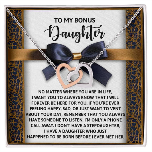 The Daughter-Have Someone - Interlocking Hearts Necklace gift box, decorated with cubic zirconia crystals, conveys love and support to a "bonus daughter," emphasizing being there for her in every circumstance.