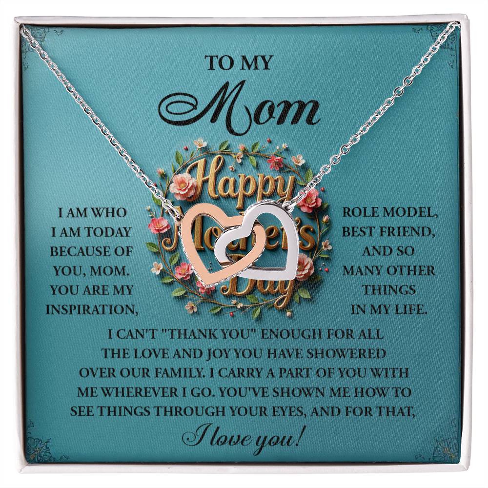 Give your mom a sentimental gift with the "Mom-Our Family - Interlocking Hearts Necklace," adorned with cubic zirconia. The floral-designed card expresses deep appreciation and love for her on Mother's Day.