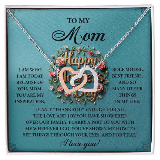 Give your mom a sentimental gift with the "Mom-Our Family - Interlocking Hearts Necklace," adorned with cubic zirconia. The floral-designed card expresses deep appreciation and love for her on Mother's Day.