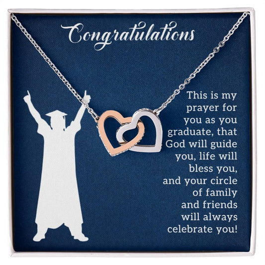 A Prayer For Graduation - Interlocking Hearts Necklace with Cubic Zirconia Crystals, presented on a card with a congratulatory message by ShineOn Fulfillment.