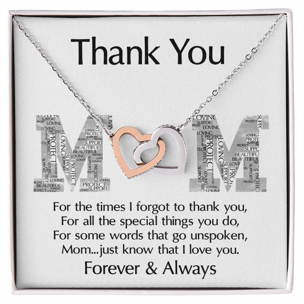 To Mom, Thank You - Interlocking Hearts Necklace on a gift box with a "thank you" message for mom.