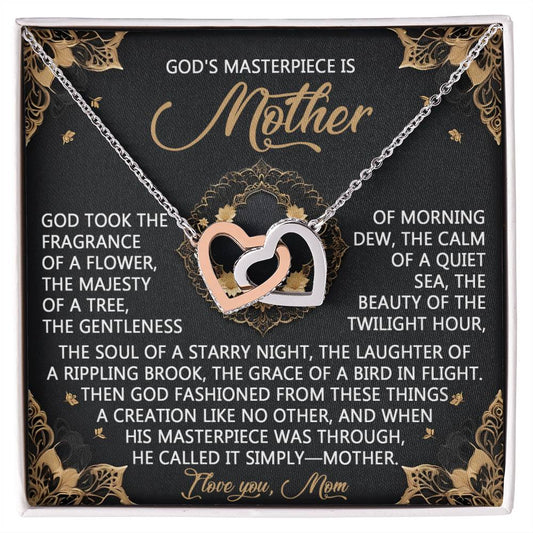 Displayed on a decorative card, the "Mom-God's Masterpiece" interlocking hearts necklace sparkles with cubic zirconia crystals. The card features a poetic tribute to mothers, adorned with nature imagery and the words "God's Masterpiece is Mother" at the top—an ideal gift for her.