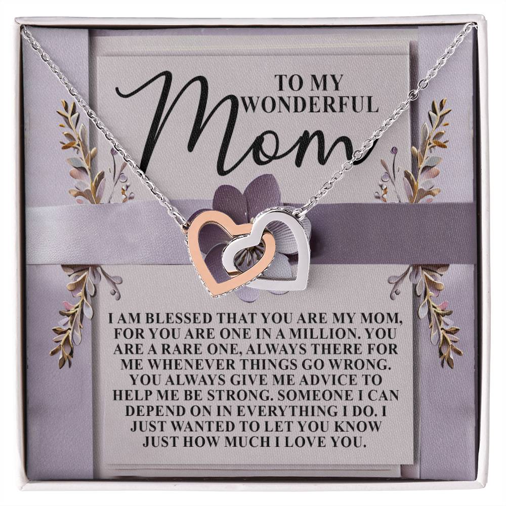 The Mom-Rare One - Interlocking Hearts Necklace in 18k yellow gold finish comes in a gift package with a card inscribed "To My Wonderful Mom," expressing gratitude for her support, adorned with cubic zirconia crystals and floral designs for added elegance.