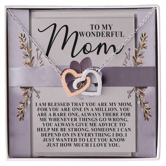 The Mom-Rare One - Interlocking Hearts Necklace in 18k yellow gold finish comes in a gift package with a card inscribed "To My Wonderful Mom," expressing gratitude for her support, adorned with cubic zirconia crystals and floral designs for added elegance.