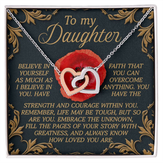 The Daughter-With Greatness - Interlocking Hearts Necklace, adorned with cubic zirconia crystals, symbolizes belief, faith, strength, and love for a daughter. Presented on a card, it is the perfect gift to encourage her to embrace life's challenges and remember her parents' love.