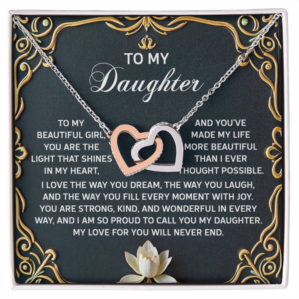 The Daughter-Never End Interlocking Hearts Necklace with a rose gold finish features pendants decorated with cubic zirconia crystals, exquisitely symbolizing love and admiration for a daughter.
