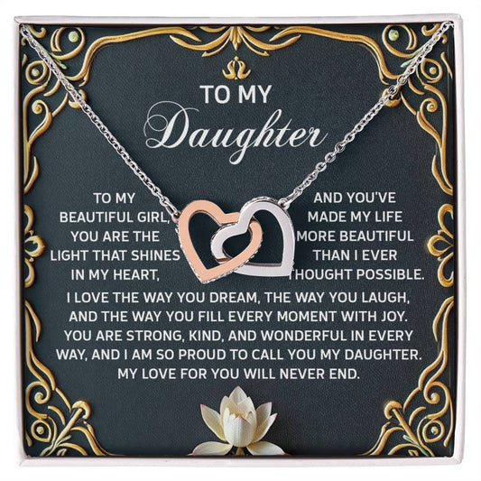 The Daughter-Never End Interlocking Hearts Necklace with a rose gold finish features pendants decorated with cubic zirconia crystals, exquisitely symbolizing love and admiration for a daughter.