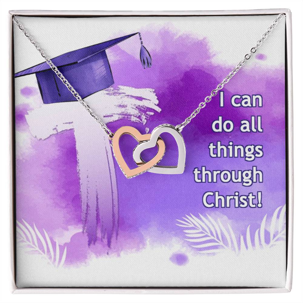 A square pendant with a graduation cap illustration and the inscription "i can do all things through christ!" displayed on a watercolor background, perfect as an Anniversary gift. - I can do all things through Christ - Interlocking Hearts Necklace by ShineOn Fulfillment