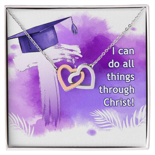 A square pendant with a graduation cap illustration and the inscription "i can do all things through christ!" displayed on a watercolor background, perfect as an Anniversary gift. - I can do all things through Christ - Interlocking Hearts Necklace by ShineOn Fulfillment