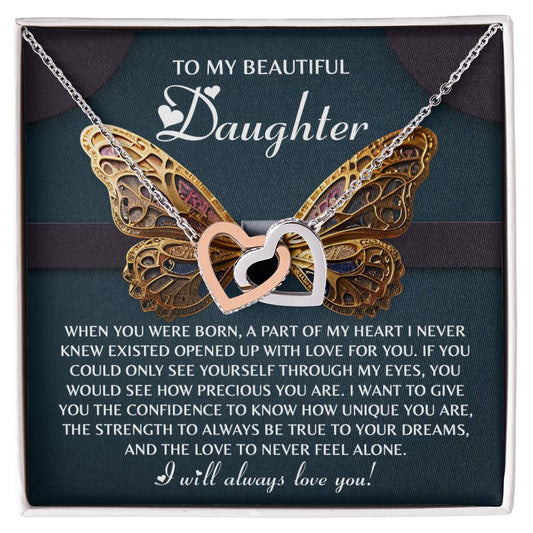 The Daughter-Never Feel Alone - Interlocking Hearts Necklace showcases interlocking hearts against a butterfly wing design, adorned with cubic zirconia crystals and a touching message for your daughter.