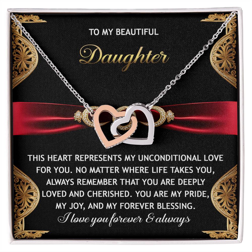 The Daughter-Love For You - Interlocking Hearts Necklace, embellished with cubic zirconia crystals, is paired with a heartfelt message card expressing unconditional love and pride for a daughter.