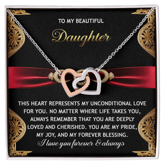The Daughter-Love For You - Interlocking Hearts Necklace, embellished with cubic zirconia crystals, is paired with a heartfelt message card expressing unconditional love and pride for a daughter.