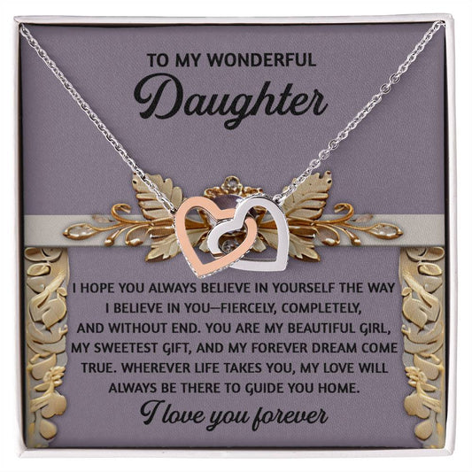 The Daughter-Guide You Home - Interlocking Hearts Necklace features an elegant rose gold finish, expressing belief, pride, love, and lifelong support on a heartfelt card adorned with shimmering cubic zirconia crystals against a gold leaf backdrop.