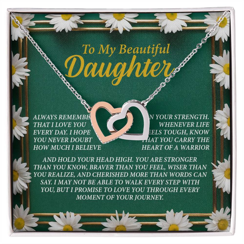 The Daughter-Your Journey - Interlocking Hearts Necklace, featuring a rose gold finish with sparkling cubic zirconia crystals, is displayed on a green card with daisies that reads: "To My Beautiful Daughter," offering loving support and encouragement.