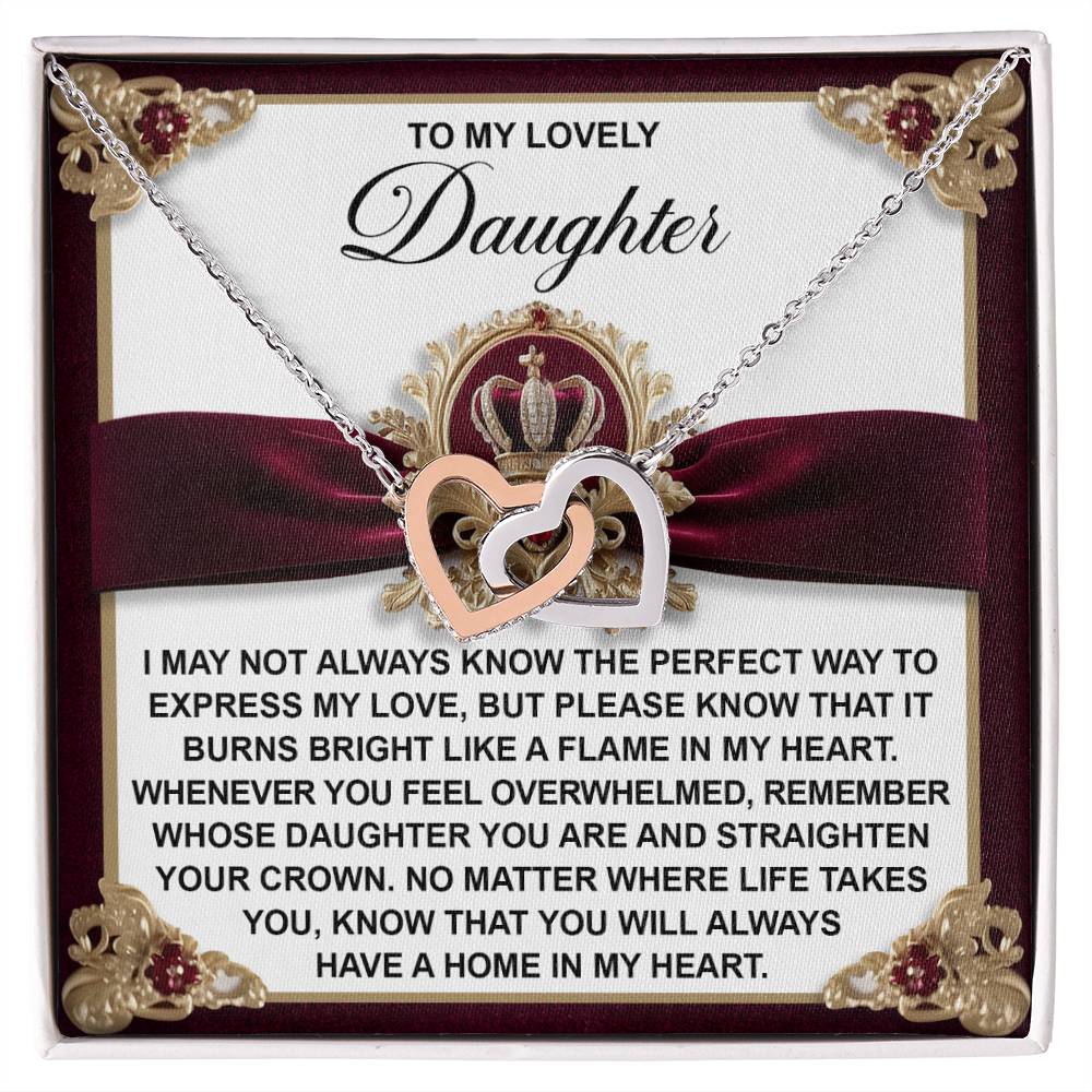 The Daughter-A Flame - Interlocking Hearts Necklace, adorned with shimmering cubic zirconia crystals, is showcased on a gift card that beautifully expresses love for a daughter.