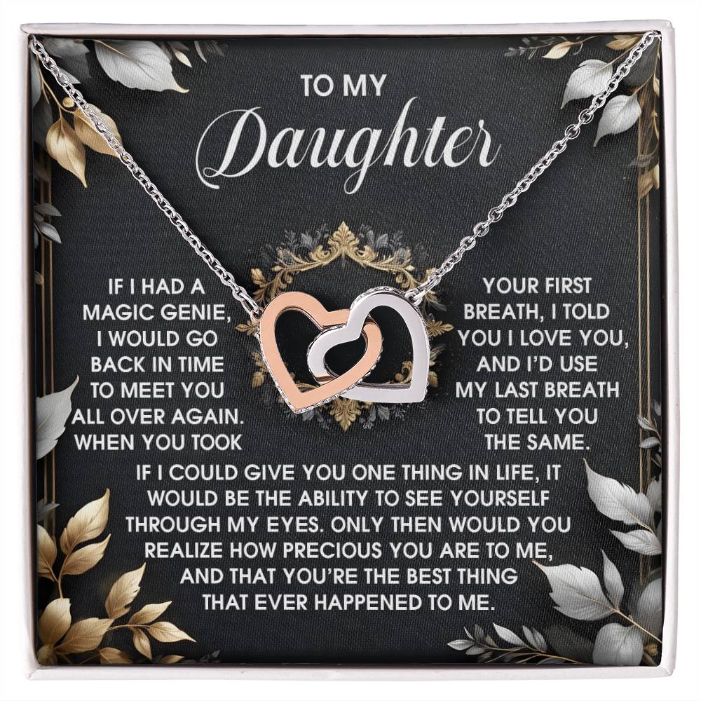 The Daughter-Over Again - Interlocking Hearts Necklace, featuring sparkling cubic zirconia crystals and a rose gold finish, is presented on a card with a message from parent to daughter expressing enduring love and deep appreciation.