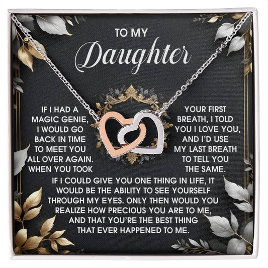 The Daughter-Over Again - Interlocking Hearts Necklace, featuring sparkling cubic zirconia crystals and a rose gold finish, is presented on a card with a message from parent to daughter expressing enduring love and deep appreciation.