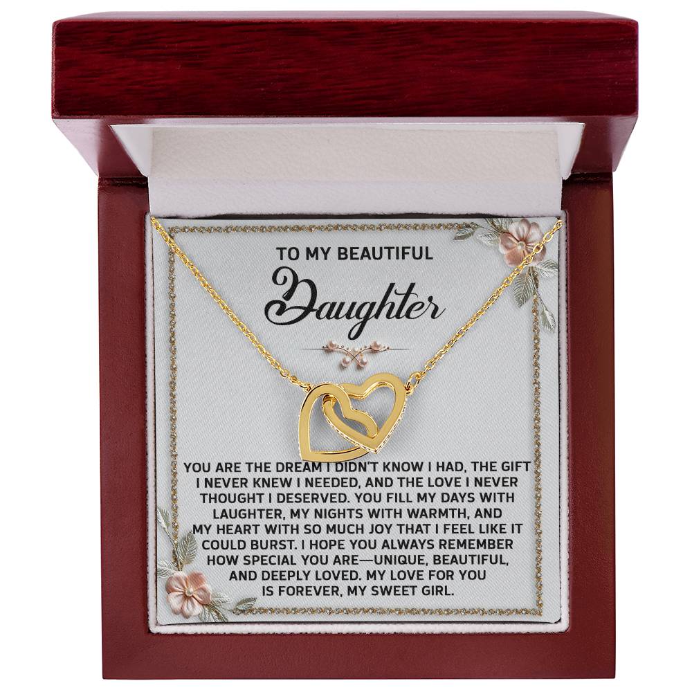 The Daughter-My Sweet Girl - Interlocking Hearts Necklace, in a rose gold finish, comes in a wooden box with an affectionate message for your daughter.