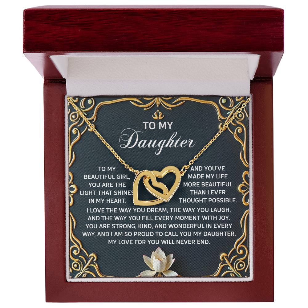 The Daughter-Never End Interlocking Hearts Necklace is crafted in surgical steel with a rose gold finish, nestled in a charming box, and features sparkling cubic zirconia crystals. It includes a heartfelt message addressed to a daughter.