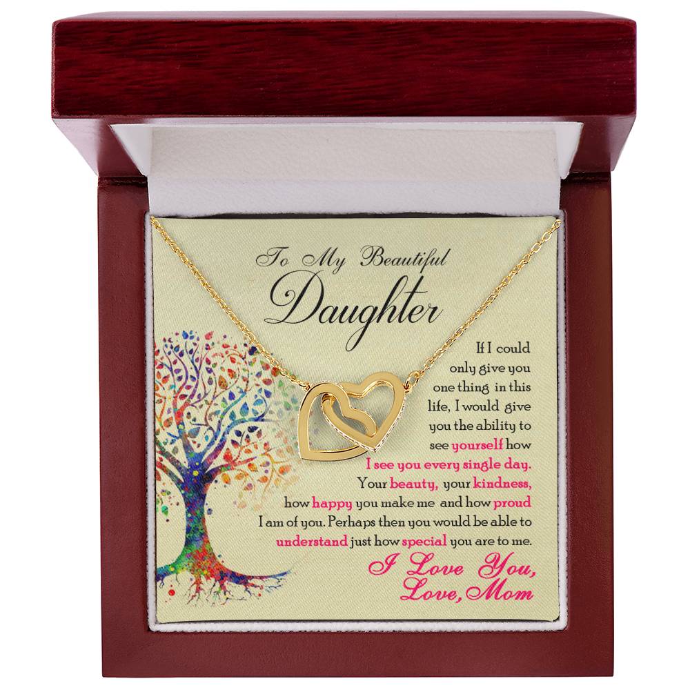 A gift box containing a To My Beautiful Daughter, You Are Special To Me - Interlocking Hearts Necklace from ShineOn Fulfillment and a heartfelt message card from a mother to her daughter.