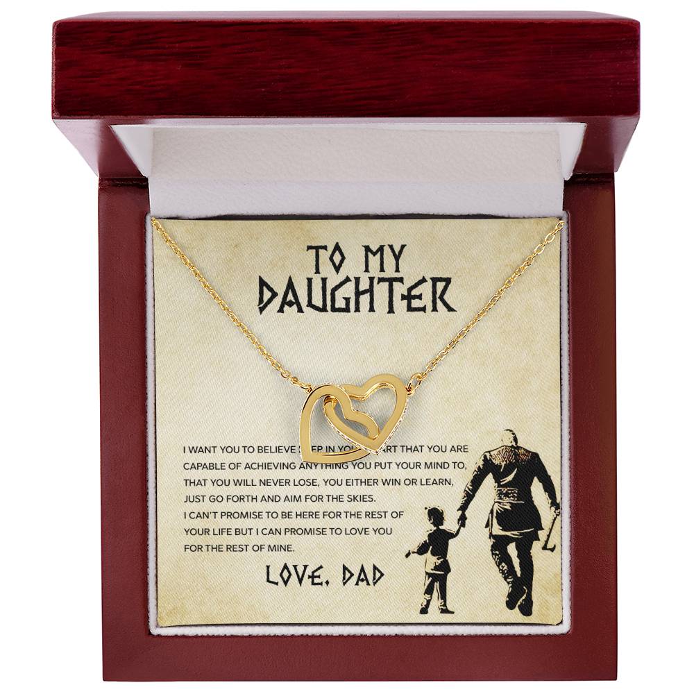 A To My Daughter, You Will Never Lose - Interlocking Hearts Necklace, adorned with cubic zirconia crystals, inside a gift box with a message from ShineOn Fulfillment to his daughter.