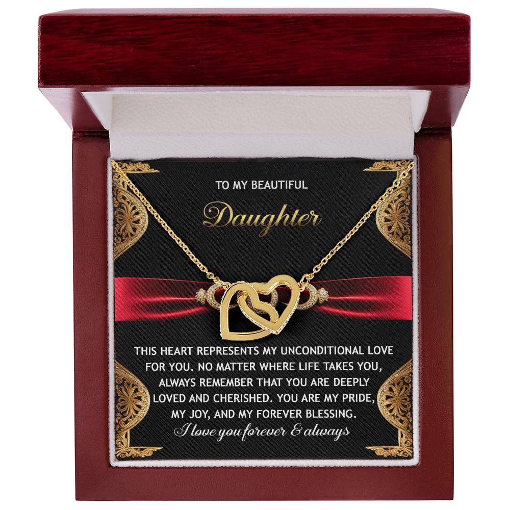 Daughter-Love For You Interlocking Hearts Necklace features cubic zirconia crystals, presented in a red jewelry box with text expressing love and blessings for a daughter.