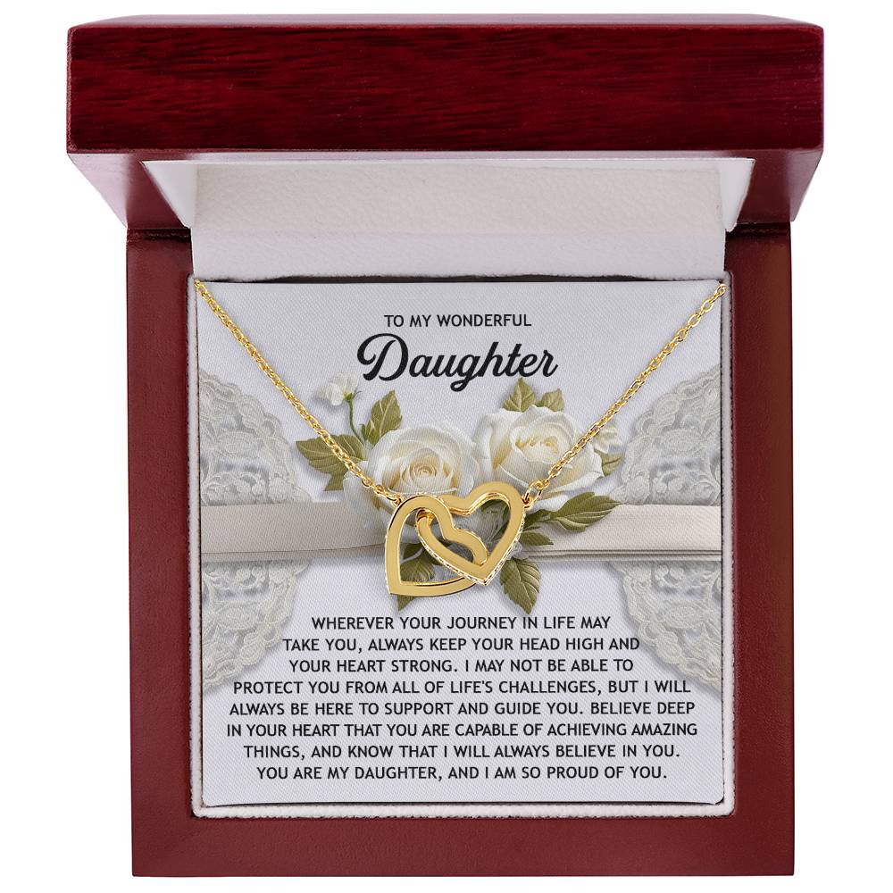 The Daughter-Your Heart Interlocking Hearts Necklace, with cubic zirconia crystals and a rose gold finish, comes in a red box. It features a heartfelt inscription to express love and pride for a daughter, set against a charming floral background.