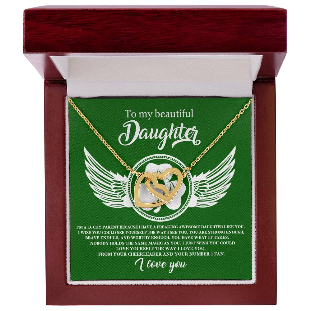 A green box with a To My Daughter, Lucky Parent - Interlocking Hearts Necklace adorned with CZ crystals from ShineOn Fulfillment.