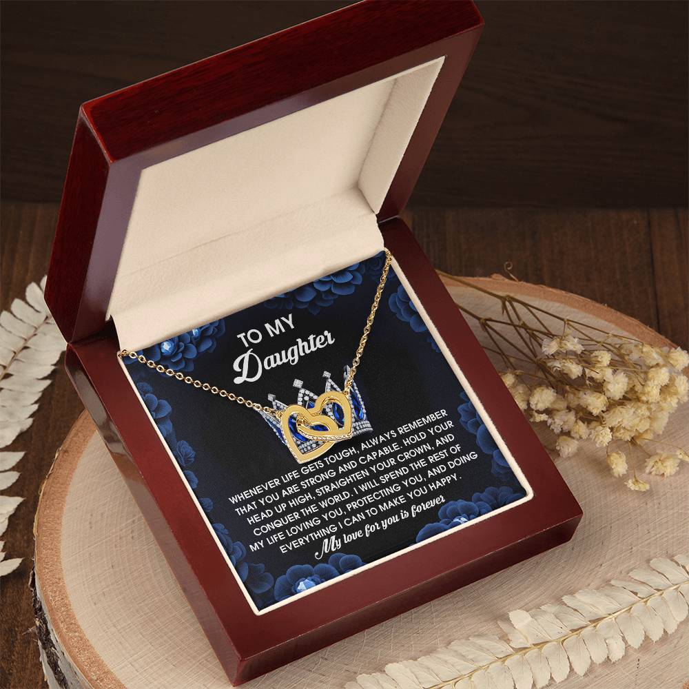 The Daughter-Make You Happy - Interlocking Hearts Necklace, adorned with delicate cubic zirconia crystals, comes in a red jewelry box with a heartfelt card for a daughter, symbolizing timeless love and connection.