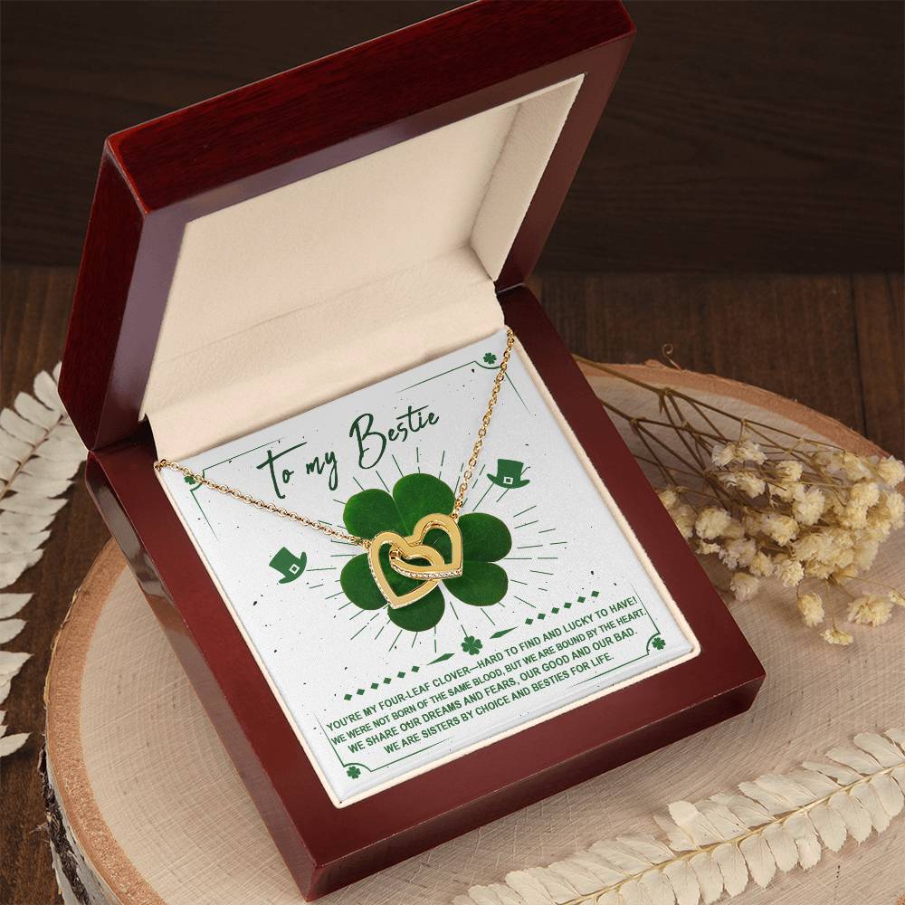 A high-quality polished surgical steel To My Bestie, Lucky To Have - Interlocking Hearts Necklace in a wooden box by ShineOn Fulfillment.