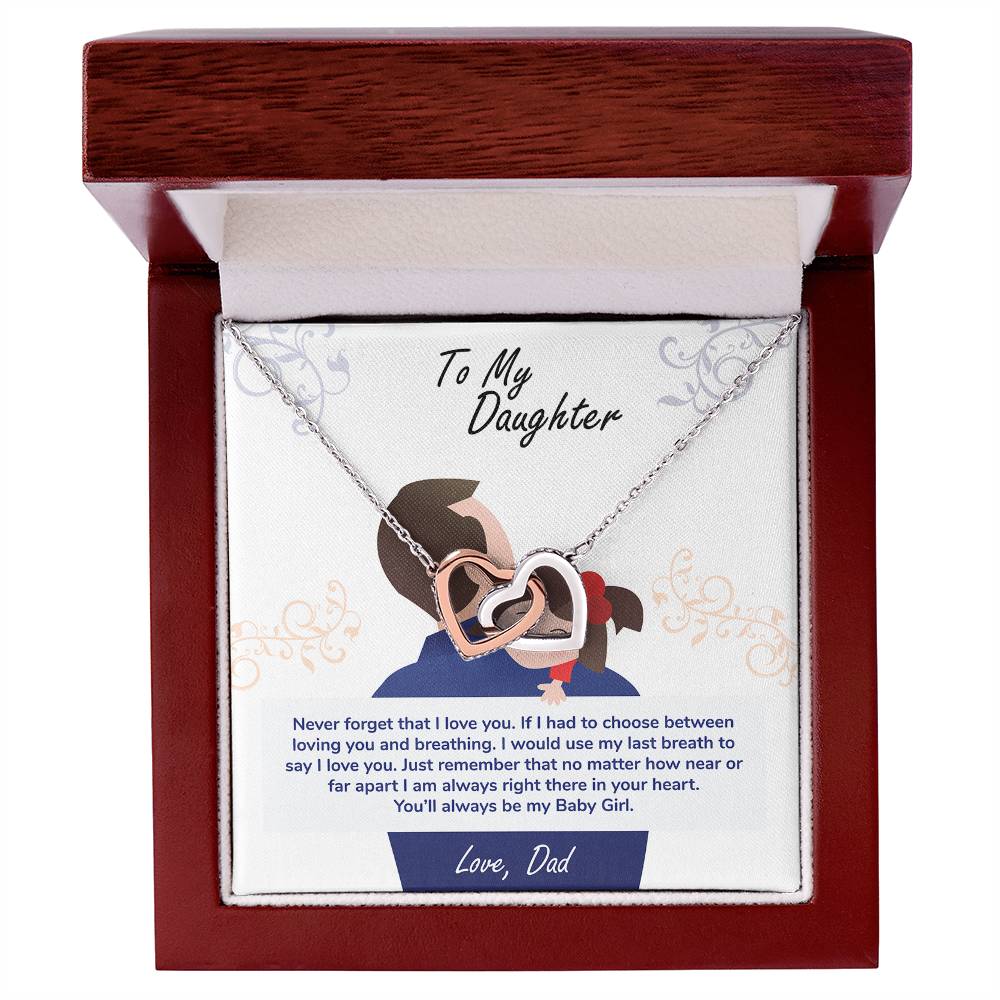 A pendant necklace featuring interlocking hearts encrusted with cubic zirconia crystals, in a gift box with a sentimental message to a daughter from her father, the ShineOn Fulfillment To My Daughter, You_ll Always Be My Baby Girl - Interlocking Hearts Necklace.