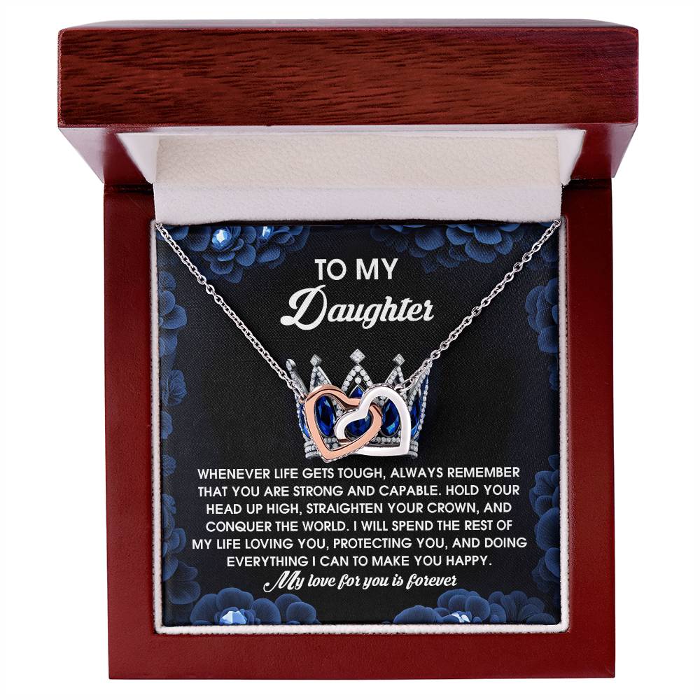 A jewelry box with the Daughter-Make You Happy - Interlocking Hearts Necklace, featuring shimmering cubic zirconia and a rose gold finish. The message reads, "To My Daughter...My love for you is forever.