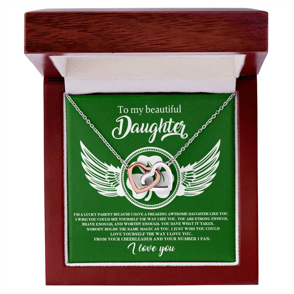 An anniversary To My Daughter, Lucky Parent - Interlocking Hearts necklace with wings in a ShineOn Fulfillment box.