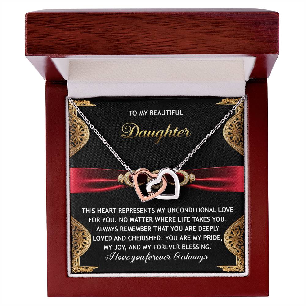 The Daughter-Love For You - Interlocking Hearts Necklace features a rose gold finish and sparkling cubic zirconia crystals. It comes in a box with a touching message to a daughter, symbolizing unconditional love and pride, making it the perfect emblem of an unbreakable bond.
