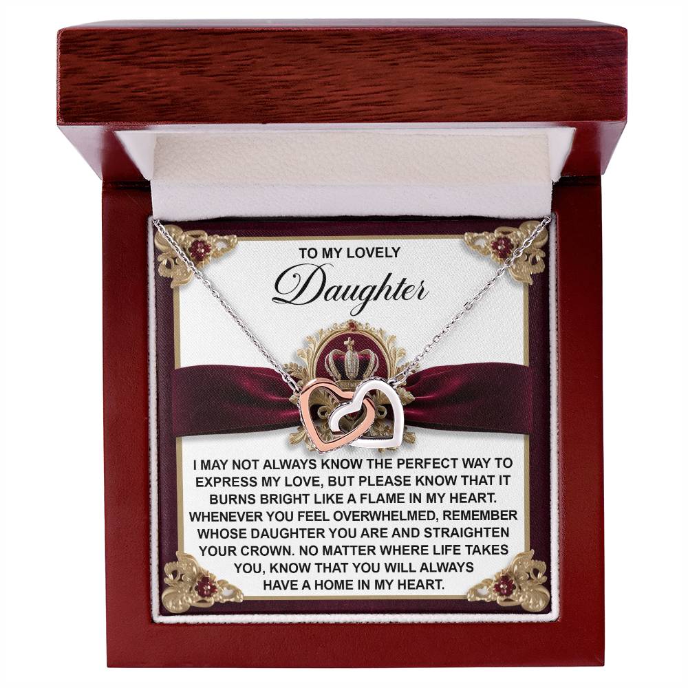 The Daughter-A Flame - Interlocking Hearts Necklace with rose gold finish rests in a box inscribed "To my lovely daughter," offering love and support, while sparkling cubic zirconia crystals add elegance.