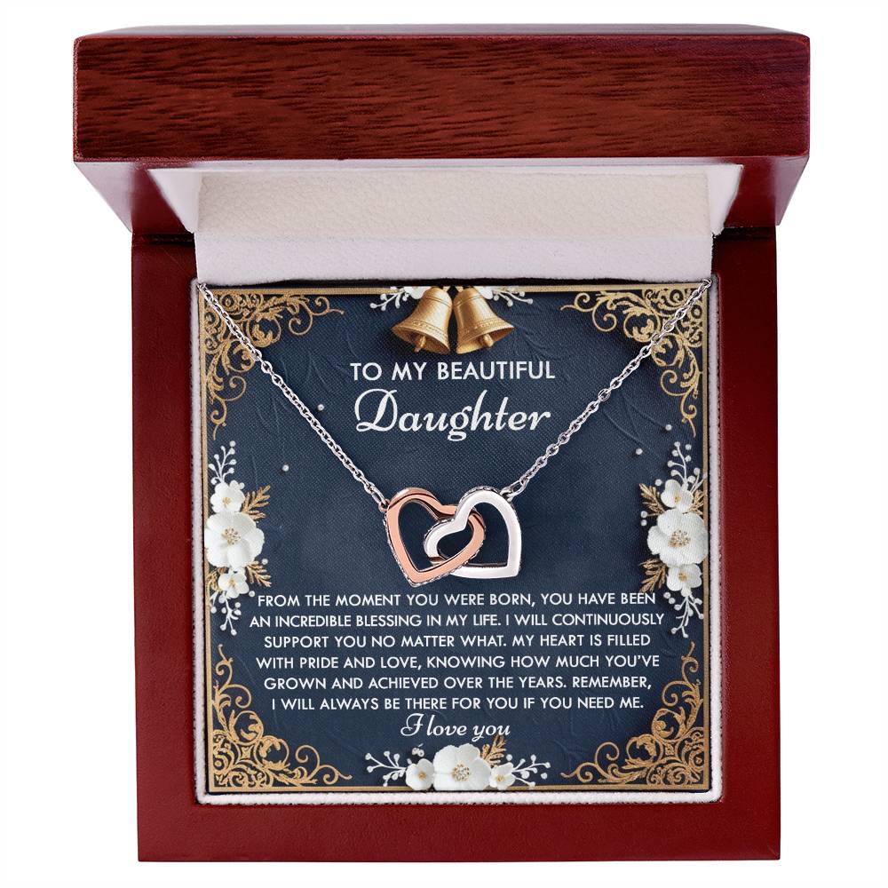 The "Daughter-If You" Interlocking Hearts Necklace features overlapping heart pendants with cubic zirconia crystals in a box. The inside cover has "To my beautiful daughter," a heartfelt message, floral details, and an elegant rose gold finish.