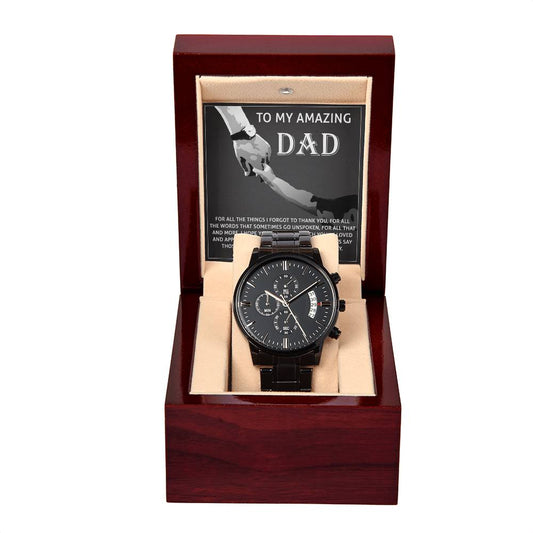 A black To Dad, To Thank You - Metal Chronograph Watch in a wooden box with a message card titled "to my amazing dad" above it.